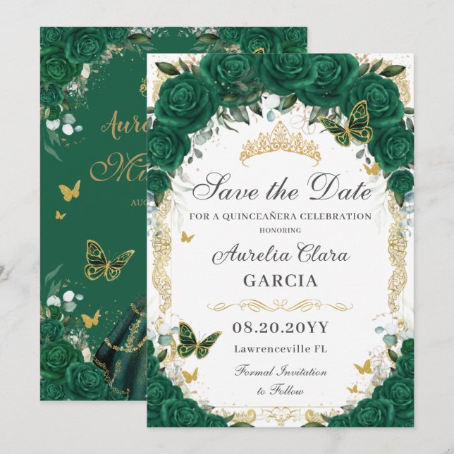 Save The Date Quinceañera Emerald Green Floral Gold Princess (Devant / Derrière)