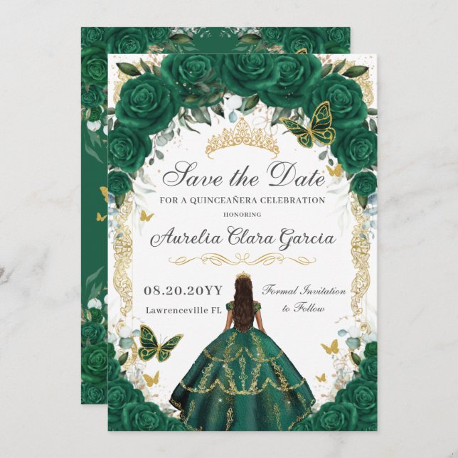 Save The Date Quinceañera Emerald Green Floral Gold Princess (Devant / Derrière)