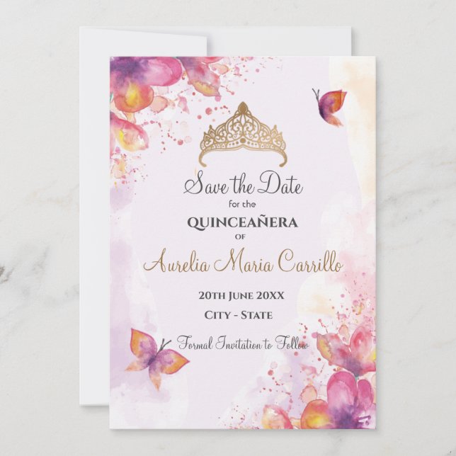 Save The Date Quinceañera en aquarelle avec papillons (Devant)