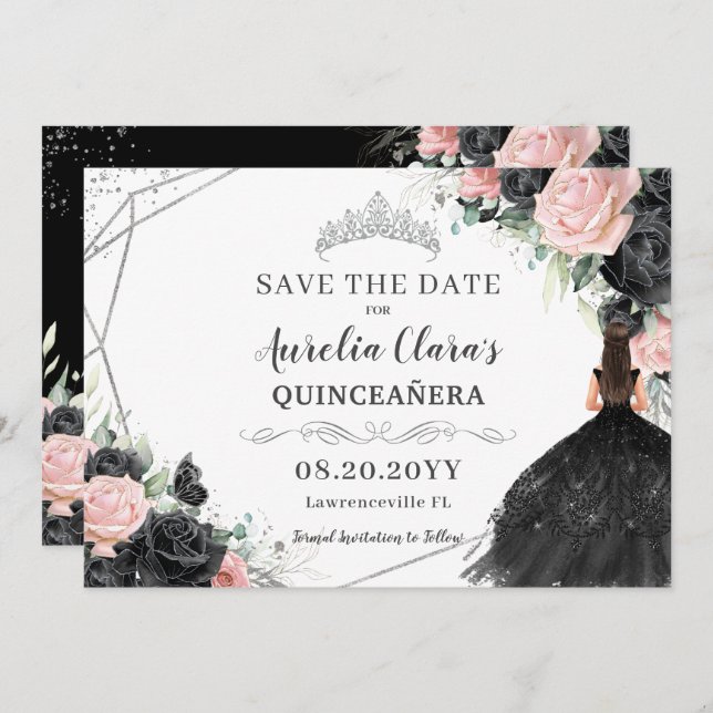 Save The Date Quinceanera en argent rose noir XV doux 16 (Devant / Derrière)