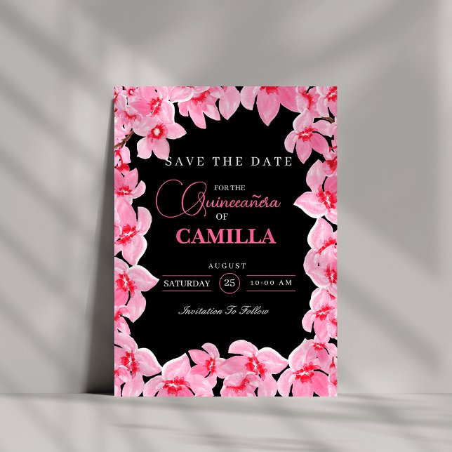 Save The Date Quinceanera en fleurs de cerisier noir et rose (Créateur téléchargé)