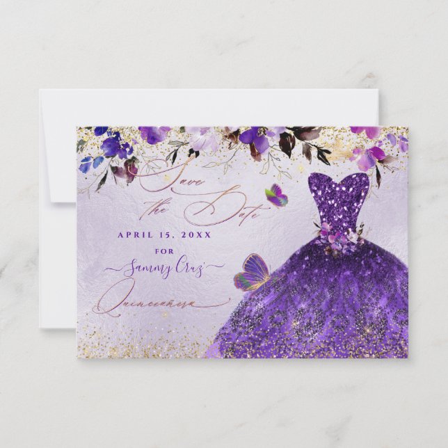 Save The Date Quinceanera Enregistrer la date Violet Robe violet (Devant)