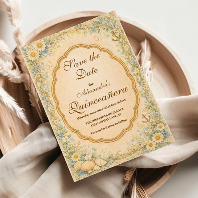 Save The Date Quinceañera Fleur de Côte Vintage (Créateur téléchargé)