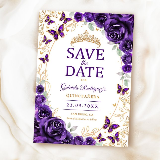 Save The Date Quinceanera Fleur Or Pourpre (Créateur téléchargé)