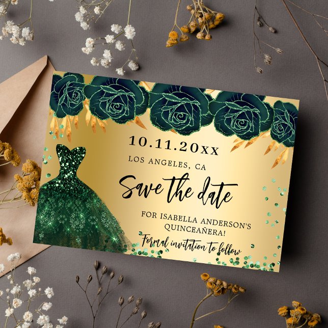 Save The Date Quinceanera fleurs de robe vert émeraude or vert é (Créateur téléchargé)