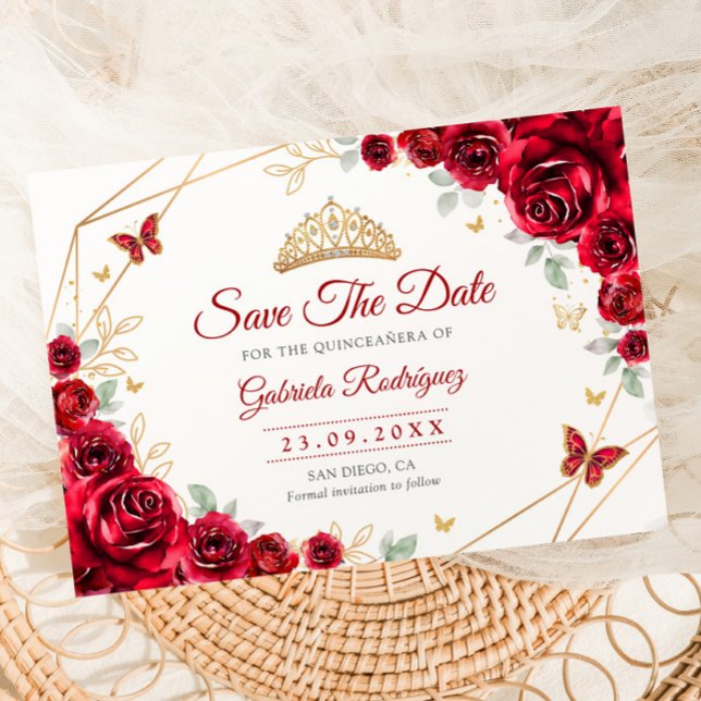 Save The Date Quinceanera Fleurs Roses Rouges Or (Créateur téléchargé)