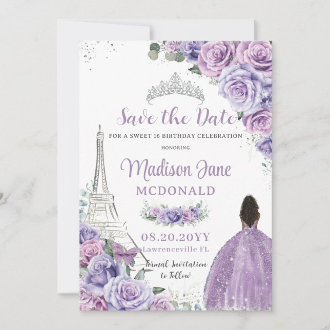 Save The Date Quinceañera Floral violet Paris Eiffel Brown fille (Devant)
