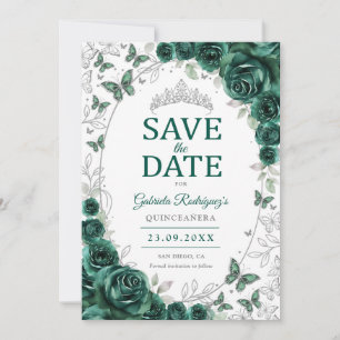 Save The Date Quinceanera Florale Argent Vert Émeraude