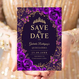 Save The Date Quinceañera Florale Or Purp Or