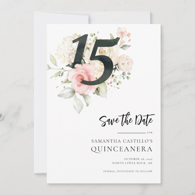 Save The Date Quinceanera florale rose 15e anniversaire (Devant)