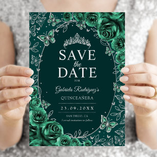 Save The Date Quinceañera Florale Vert Émeraude Argent