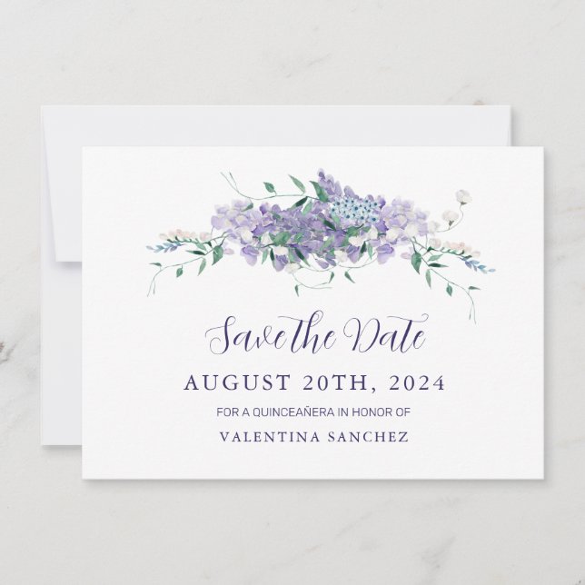 Save The Date Quinceanera florale violet de Lilac (Devant)
