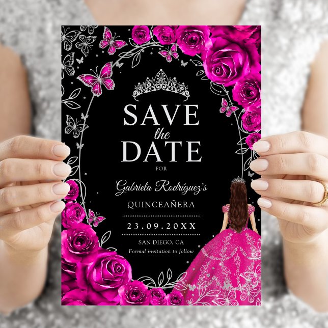 Save The Date Quinceanera Fuchsia Rose Noir Argent (Créateur téléchargé)