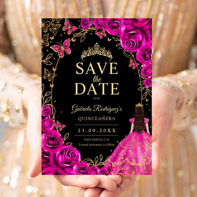 Save The Date Quinceanera Fuchsia Rose Noir Or (Créateur téléchargé)