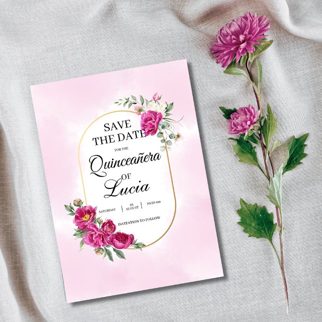 Save The Date Quinceañera Géométrique rose Fuchsia Floral Or (Créateur téléchargé)