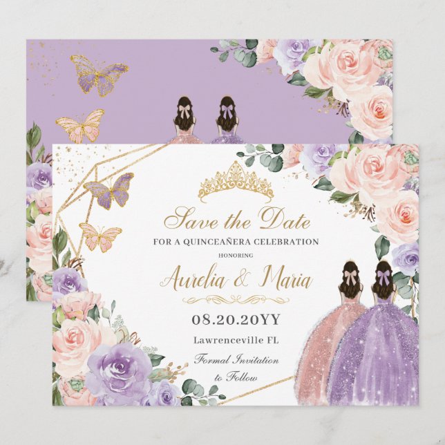 Save The Date Quinceañera Lilac Blush Floral Rose Gold Twins (Devant / Derrière)