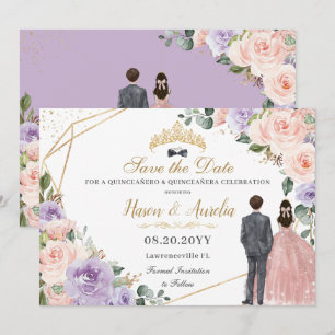 Save The Date Quinceañera Lilac Blush Floral Twins Garçon Girl