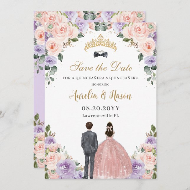 Save The Date Quinceañera Lilac Blush Floral Twins Garçon Girl (Devant / Derrière)