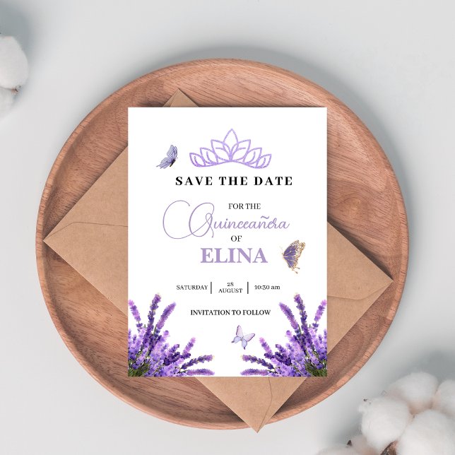 Save The Date Quinceañera Lilac Floral Crown Tiara & Papillons (Créateur téléchargé)