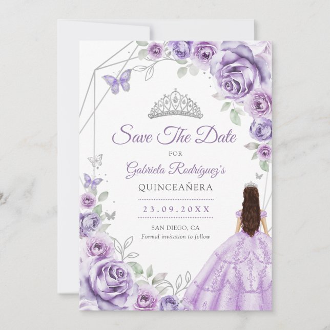 Save The Date Quinceanera Lilac Purple Roses Dress Silver (Devant)
