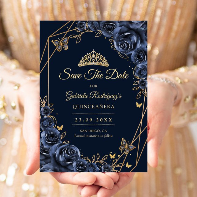 Save The Date Quinceanera Navy Blue Gold Floral Butterfly (Créateur téléchargé)