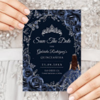 Quinceanera Navy Fleurs Papillons Argent