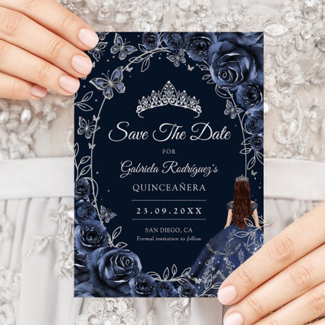 Save The Date Quinceanera Navy Fleurs Papillons Argent (Créateur téléchargé)