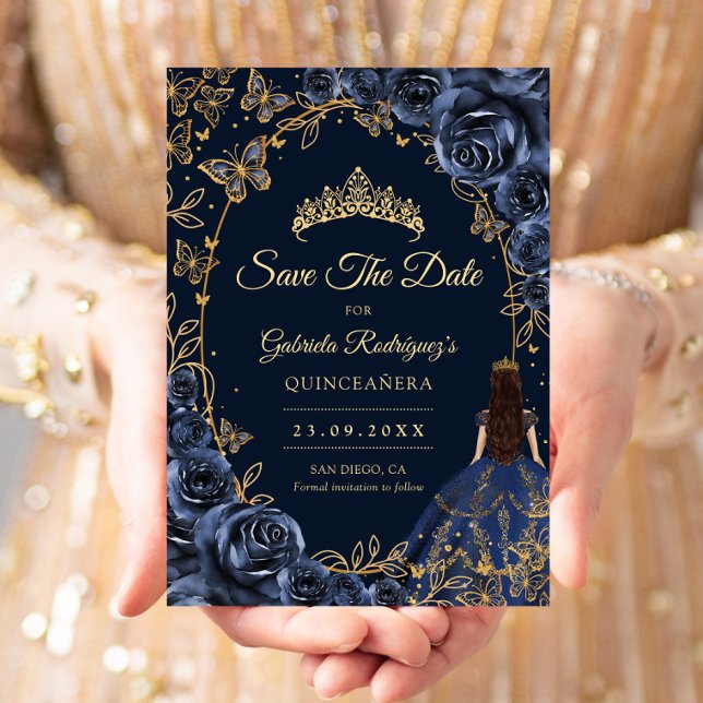 Save The Date Quinceanera Navy Gold Butterflies Roses (Créateur téléchargé)