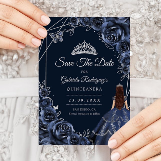 Save The Date Quinceanera Navy Silver Butterflies Roses (Créateur téléchargé)