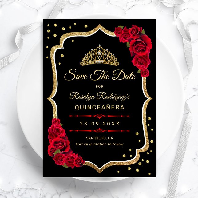 Save The Date Quinceanera - Noir Rouge Or (Créateur téléchargé)