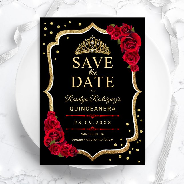 Save The Date Quinceanera Noir Rouge Or (Créateur téléchargé)