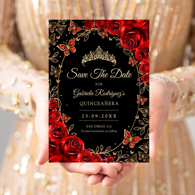 Save The Date Quinceañera Noir Rouge Or (Créateur téléchargé)