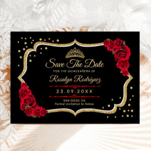 Save The Date Quinceanera Noir Rouge Or Floral