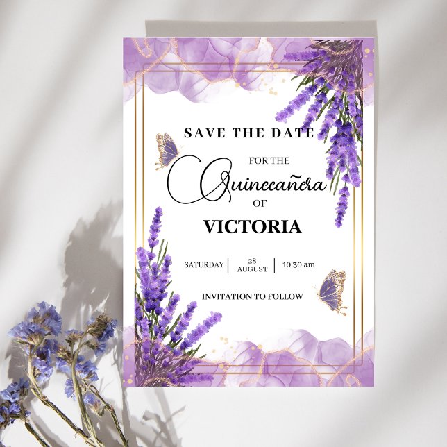 Save The Date Quinceañera or lavande violette papillon floral (Créateur téléchargé)