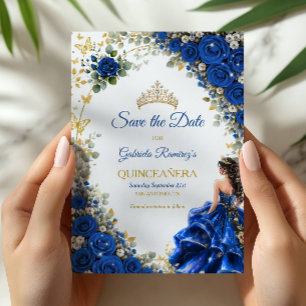 Save The Date Quinceañera Papillon Doré Bleu Royal