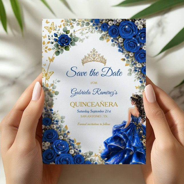 Save The Date Quinceañera Papillon Doré Bleu Royal  (Créateur téléchargé)