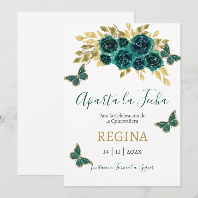 Save The Date Quinceanera papillon vert (Devant / Derrière)