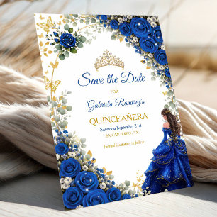 Save The Date Quinceañera Papillons Dorés Bleu Royal