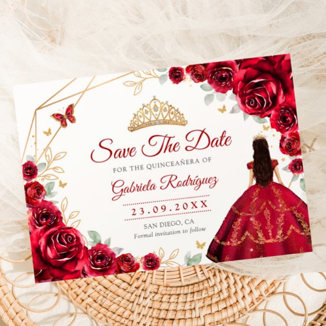 Save The Date Quinceanera Princess Red Roses Gold (Créateur téléchargé)
