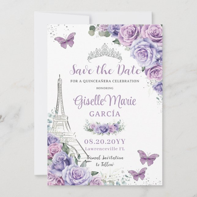 Save The Date Quinceañera Purple Floral Paris Eiffel Papillons (Devant)