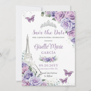 Save The Date Quinceañera Purple Floral Paris Eiffel Papillons