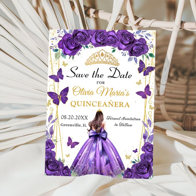 Save The Date Quinceañera Purple Floral Princess Papillons (Créateur téléchargé)