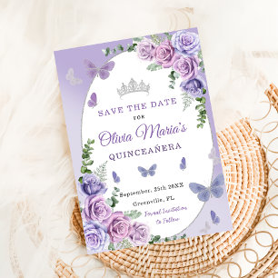 Save The Date Quinceañera Purple Lilac Floral Tiara Papillons