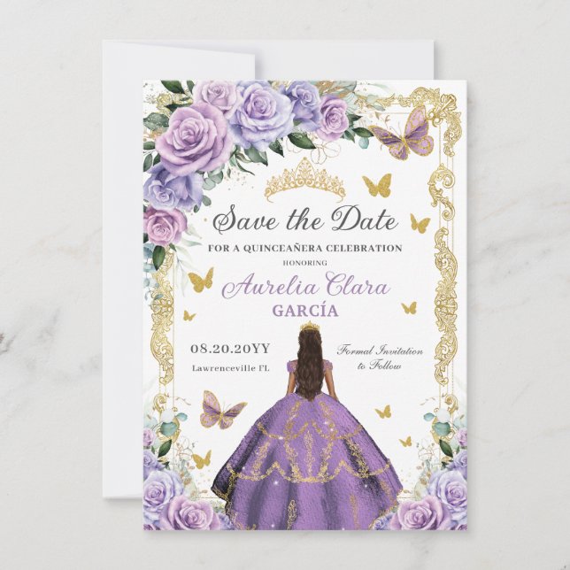 Save The Date Quinceañera Purple Lilac Rose Floral Gold Princess (Devant)