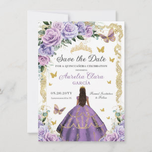 Save The Date Quinceañera Purple Lilac Rose Floral Gold Princess