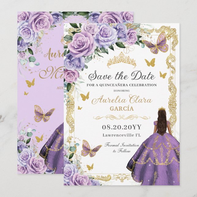 Save The Date Quinceañera Purple Lilac Rose Floral Gold Princess (Devant / Derrière)