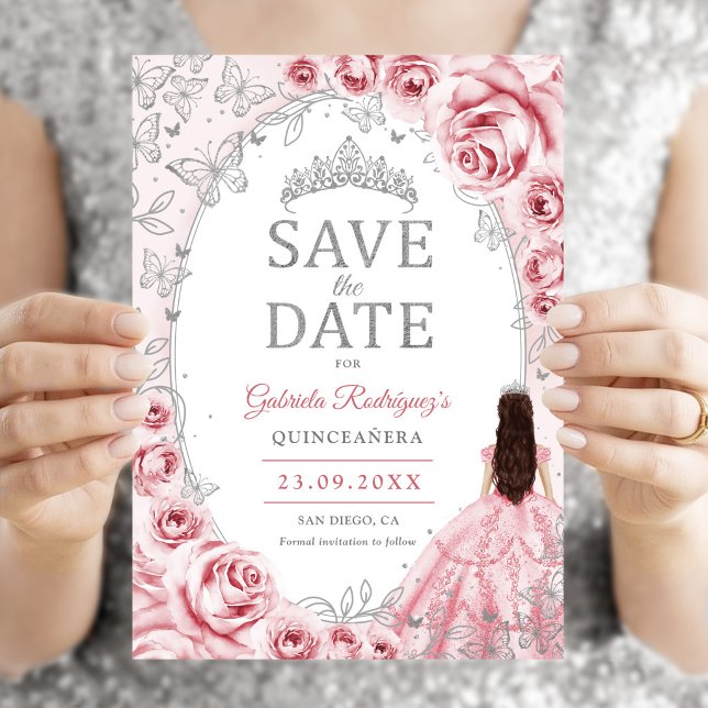 Save The Date Quinceanera Rose Argent Floral (Créateur téléchargé)
