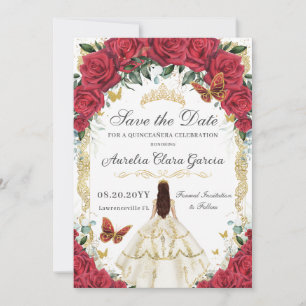 Save The Date Quinceañera Rose rouge Floral Blanc ivoire robe or