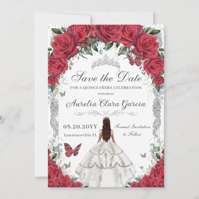 Save The Date Quinceañera Roses rouges Roses Florales Roses blan (Devant)