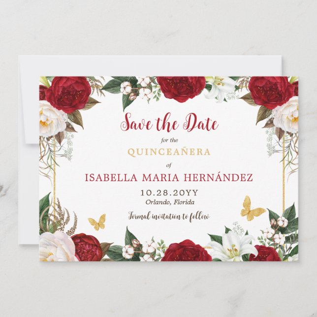 Save The Date Quinceañera rouge et or élégant (Devant)